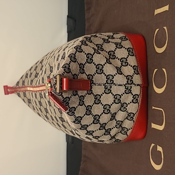 GUCCI VINTAGE ULTRA RARE 1990’S GG CANVAS THREE WAY CONVERTIBLE BAG NAVY/RED/TAN - Picture 10 of 17